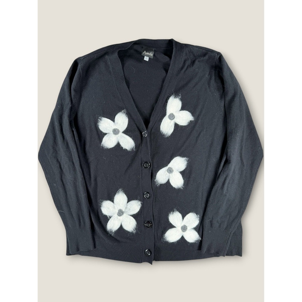 Aaeda Size L Black Cardigan Sweater‎ Fuzzy White Floral Applique Button Up